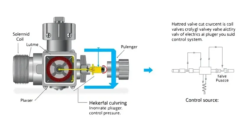 A detailed illustration of a solenoid valve, showing its internal components like the coil, plunger, and valve mechanism. The image should highlight the flow of electrical current and the movement of the plunger to control pressure. Include a schematic diagram showing the connection to a pressure source and a control system.