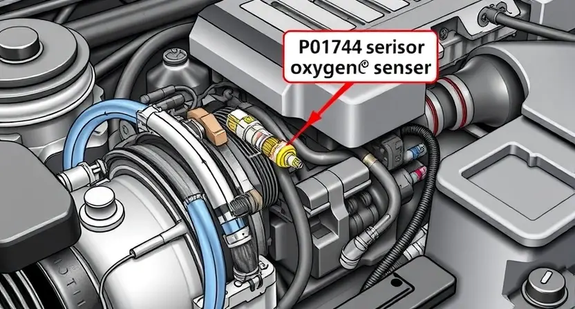 A detailed illustration of a car engine with a highlighted oxygen sensor, showing the specific location of the sensor that is related to the P0144 error code. The image should depict the engine components in a realistic and technical manner, with clear visual emphasis on the oxygen sensor and its connections.