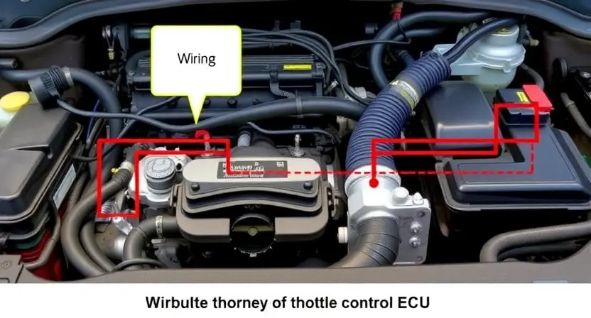 A detailed illustration of a car's throttle position sensor circuit. The image should clearly show the sensor itself, wiring connections, and the engine control unit (ECU) with relevant circuit paths highlighted. Focus on the physical components and their interconnections within the engine bay.