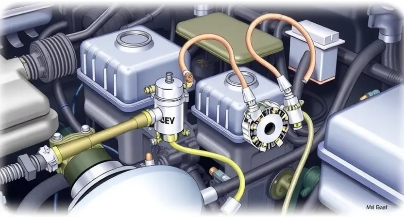 A detailed illustration of a car's engine bay, focusing on the pressure control solenoid and its connection to the clutch. Show the solenoid, hoses, and wiring clearly. The background should be slightly blurred to emphasize the solenoid.