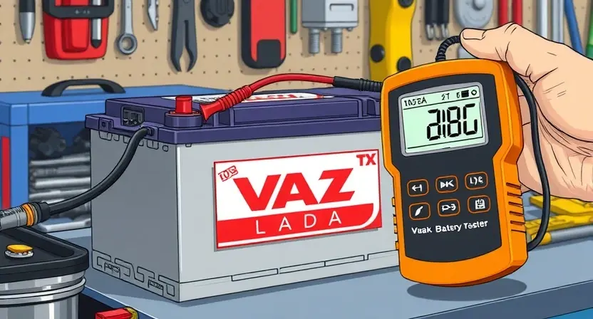 A detailed illustration of a VAZ/Lada car battery being tested with a battery tester. The background should be a workshop setting with tools and automotive parts. Focus on the battery and the tester, highlighting the connection points and readings.