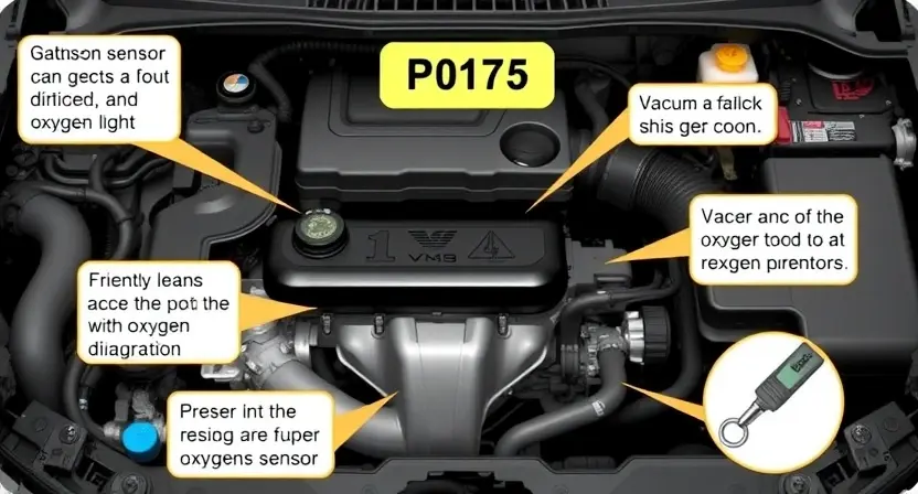 A detailed illustration of a car engine bay with various sensors and diagnostic tools. Focus on the P0175 error code indicator light and surrounding components. Include visual representations of potential causes like vacuum leaks or faulty oxygen sensors.