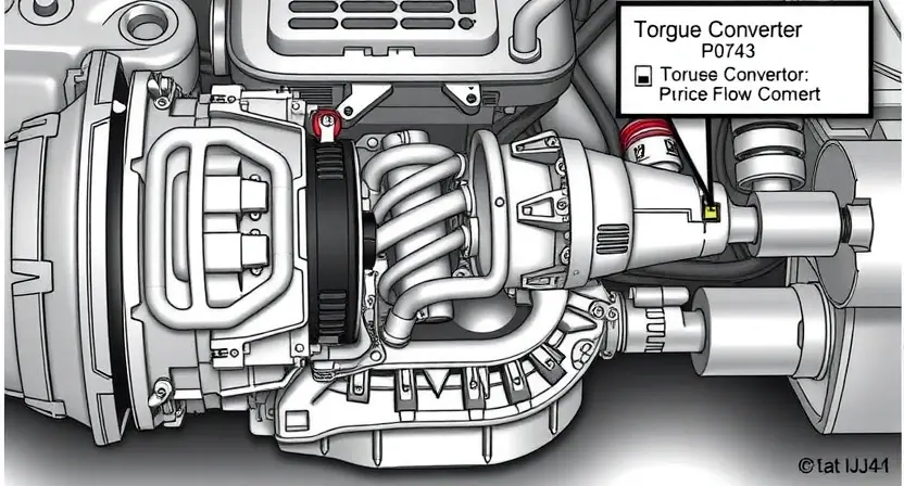 A detailed illustration of a car's transmission system, specifically highlighting the torque converter and its associated components. The image should clearly show the fluid flow and the electrical connections related to the P0743 error code. Focus on technical accuracy and clarity.