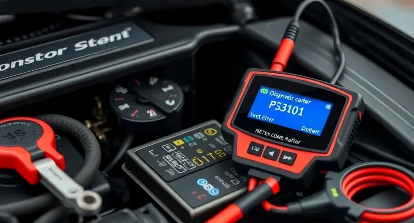 A close-up of a car's engine compartment with a diagnostic scanner connected to the OBD-II port, displaying error code P3101 on its screen, surrounded by tools like a multimeter and wrench, soft workshop lighting, realistic style, no text or symbols visible on any surfaces