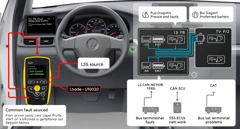 A detailed technical illustration of a vehicle's LS-CAN communication system showing diagnostic tools connected to the CAN bus, with highlighted error code U0020 displayed on a diagnostic screen, circuit diagrams of the LS-CAN network, and symbols representing common fault sources like faulty ECUs, wiring harness issues, or bus termination problems, all in a clean, professional automotive engineering style