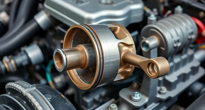 A detailed view of a car engine with one cylinder disassembled to show the piston and connecting rod. The piston should have visible signs of wear or damage, such as scoring or pitting, and the cylinder wall should show similar signs of wear. The surrounding engine components should be clearly visible to provide context. The image should be realistic and highly detailed, focusing on the mechanical aspects of the engine.