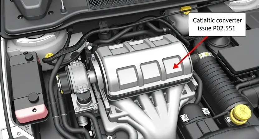 A detailed illustration of a car engine bay, focusing on the catalytic converter and associated components. The catalytic converter should be prominently displayed, with clear visual cues indicating potential issues (e.g., discoloration, damage). Include wiring harnesses and sensors relevant to the P0251 error code. The overall style should be realistic and technical, emphasizing precision and detail.