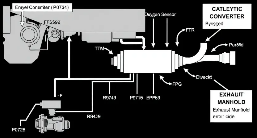 A detailed schematic diagram of a vehicle's exhaust system, highlighting the components related to the P0725 error code (e.g., catalytic converter, oxygen sensors, exhaust manifold). Include labels for each component and arrows indicating the flow of exhaust gases. The diagram should be clean and easy to understand, with clear lines and annotations.