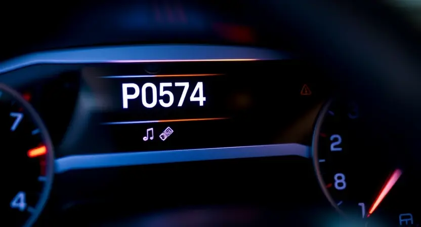 A close-up, detailed image of a car's dashboard displaying a warning light and the error code "P0574". The dashboard should be clean and modern, with a focus on the illuminated warning light and the displayed code. The car interior should be subtly visible but not distracting.