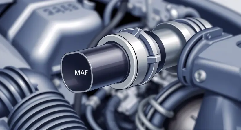 A close-up, detailed illustration of a Mass Air Flow (MAF) sensor inside a car engine bay. The sensor should be clearly visible, with surrounding engine components subtly blurred in the background. Focus on the sensor's electrical connector and internal components. The image should convey a sense of technical precision and diagnostic inspection.