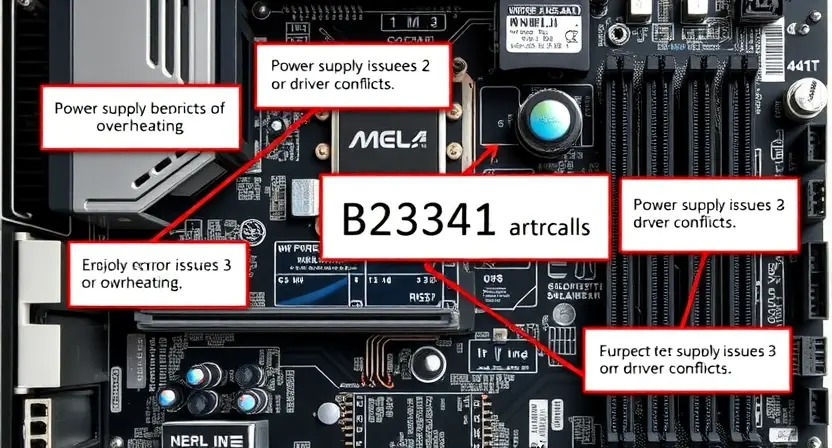 A technical illustration depicting a computer motherboard with highlighted areas representing the B2341 error. Include visual cues indicating potential causes like overheating, power supply issues, or driver conflicts. Focus on clarity and precision in representing the hardware components.