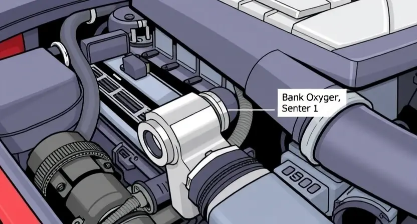 A close-up illustration of a car engine bay, highlighting the oxygen sensor (Bank 2, Sensor 1). The sensor should be clearly visible, with surrounding engine components subtly in focus. Use a clean, technical illustration style.
