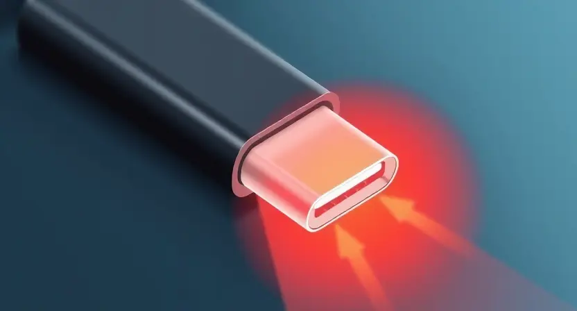 A close-up technical illustration of a USB Type-C connector (U3013) showing overheating during charging, with visible heat distortion lines around the connector, subtle red-orange glow indicating high temperature, and external factors like dust particles or poor ventilation airflow implied by faint airflow arrows, clean technical diagram style