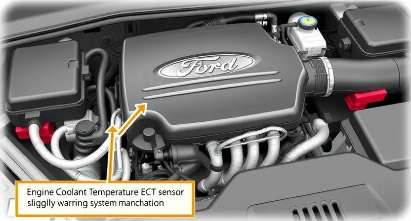 A detailed illustration of a Ford vehicle's engine bay, highlighting the Engine Coolant Temperature (ECT) sensor and its connection to the vehicle's computer system. Include visual cues indicating a malfunction, such as a slightly raised temperature gauge or a subtle warning light. Focus on the sensor's physical appearance and its placement within the engine compartment.