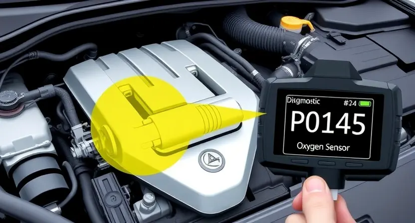 A high-quality technical illustration showing a car engine with a highlighted oxygen sensor and a diagnostic scanner displaying the P0145 error code, clean background, no text or numbers on the image, professional automotive repair style