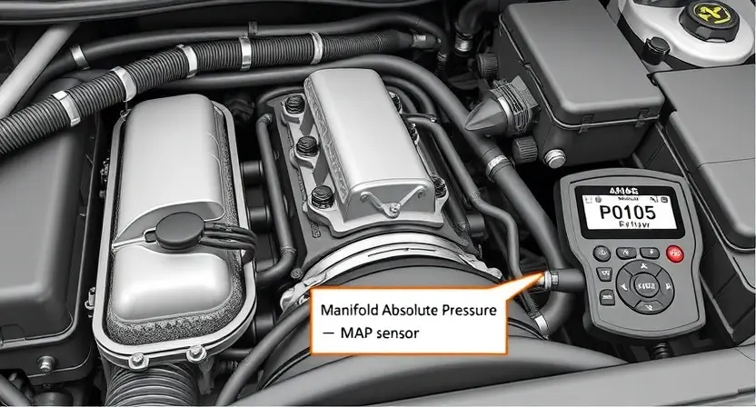 A detailed illustration of a car's engine bay, highlighting the Manifold Absolute Pressure (MAP) sensor and its connection to the intake manifold. Include arrows indicating the airflow and pressure being measured by the sensor. Show a diagnostic tool connected to the sensor, displaying a P0105 error code. Focus on the sensor's physical appearance and its placement within the engine system.