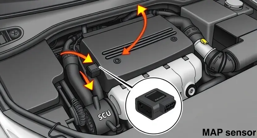 A detailed illustration of a car's engine bay, highlighting the Mass Airflow Sensor (MAP sensor). The sensor should be clearly visible, with arrows pointing to the intake manifold and the engine control unit (ECU). Focus on the sensor's connection to the engine system and its role in measuring airflow. Use a clean, technical illustration style.