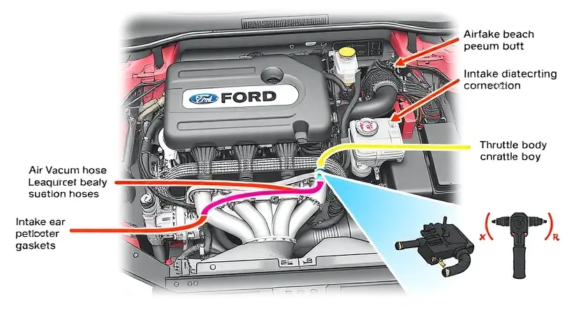 A detailed technical illustration showing a Ford vehicle engine compartment with highlighted air intake system components, focusing on air leak detection points such as vacuum hoses, intake manifold gaskets, and throttle body connections, with subtle airflow visualization effects and diagnostic tool overlays, clean technical diagram style