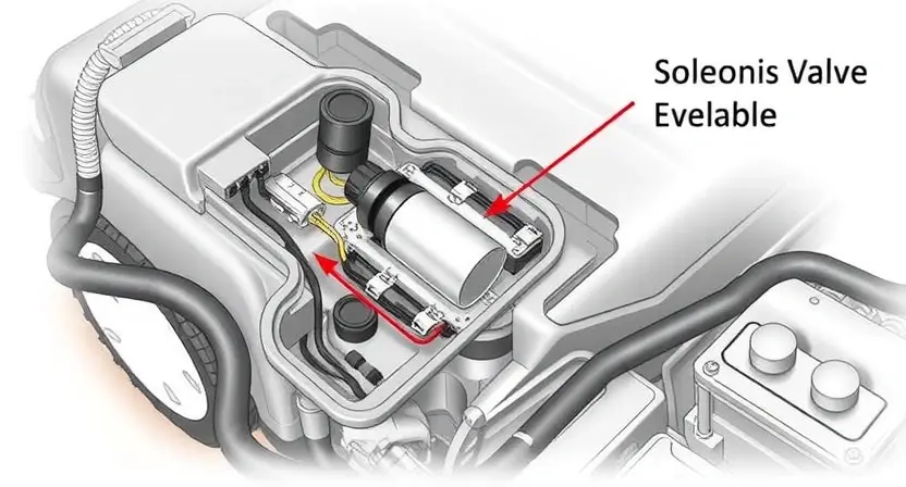 A detailed illustration of an ABS (Anti-lock Braking System) module with a highlighted solenoid valve. The image should clearly show the valve's location within the module and its connection points. Focus on the mechanical components and wiring.