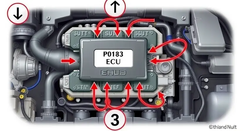 A detailed illustration of an engine control unit (ECU) with various sensors and wiring connected to it. The ECU should be highlighted, and arrows should indicate the flow of data from sensors to the ECU and the ECU's output to actuators. Include visual representations of the P0183 error code and its potential causes (e.g., vacuum leak, faulty oxygen sensor).