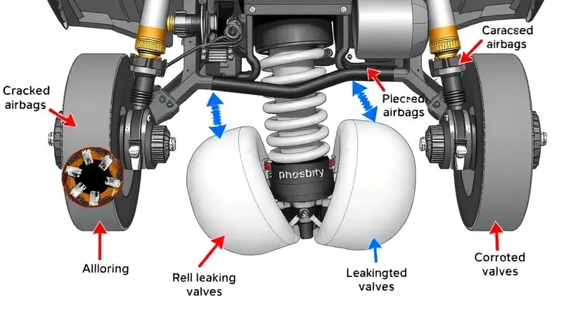 A high-quality technical illustration of a pneumatic suspension system showing worn and damaged components such as cracked airbags, leaking valves, and corroded connectors, with clear labels and arrows indicating failure points, set against a clean white background, in the style of HQ-832-448-h