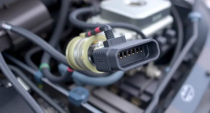 A close-up, detailed illustration of a car's throttle position sensor wiring harness. Focus on the connector and the wires leading to the throttle body. The background should be blurred, suggesting the engine bay. The image should clearly show the wiring and connector without any distracting elements.