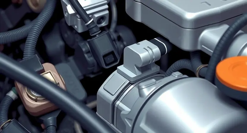 A close-up, detailed illustration of an automotive engine bay. Focus on the throttle position sensor and its wiring harness. Highlight the sensor's electrical connections and the surrounding components. The image should convey a sense of technical precision and diagnostic inspection. Use realistic lighting and textures to depict the metallic surfaces and wiring.