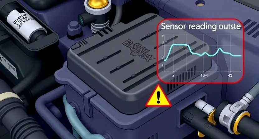 A close-up, detailed illustration of a car's engine control unit (ECU) with highlighted sensor connections. The image should visually represent a sensor reading outside of the expected range, perhaps with a subtle visual cue like a distorted graph or a warning symbol near a specific sensor port. Focus on the physical components of the ECU and sensor connections, emphasizing the technical aspect.