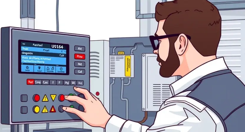A professional HVAC technician inspecting a control panel with warning lights and error code U0164 displayed on a diagnostic screen, showing a schematic of a heating, ventilation, and air conditioning system with highlighted wiring and communication modules, clean technical illustration style