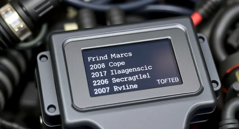 A close-up, detailed image of an engine control unit (ECU) with diagnostic codes displayed on a screen. Wires and sensors are subtly visible in the background, suggesting a car engine bay. The focus is on the ECU and the error code display.