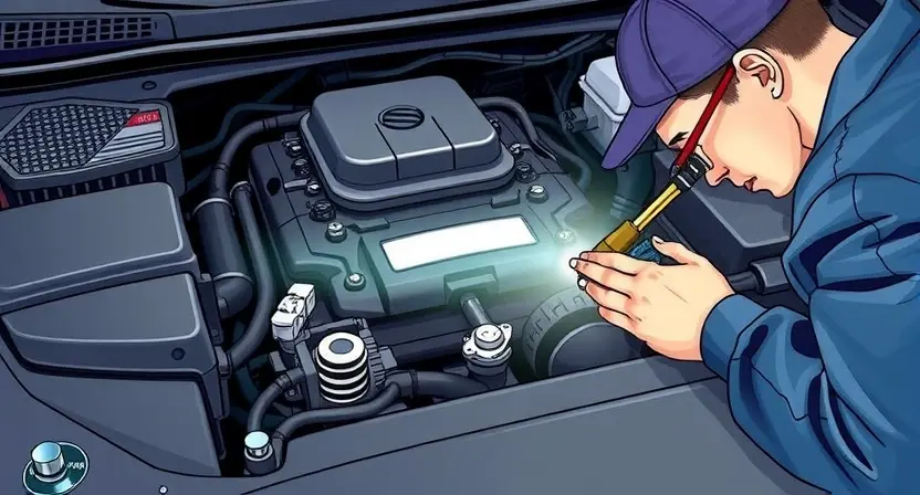 A detailed illustration of a car engine bay, focusing on the throttle body and related components. Highlight the throttle body with a subtle glow or outline. Show a mechanic inspecting the throttle body with diagnostic tools. The overall scene should convey a sense of technical expertise and problem-solving.