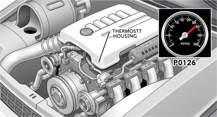 A detailed illustration of a car engine with a highlighted section indicating the thermostat housing, which is related to the P0126 error code. The engine should be depicted in a cross-sectional view to show internal components. The thermostat should be clearly visible and labeled. The image should also include a small inset showing a temperature gauge with the needle pointing towards the higher end of the scale, indicating overheating.