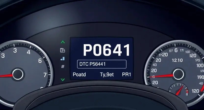 A detailed illustration of a car's dashboard with a diagnostic trouble code (DTC) display showing "P0641". The display should clearly show the code and a brief explanation. The background should be a realistic depiction of a car interior.