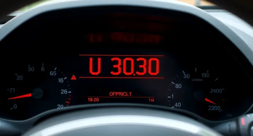 A close-up, detailed image of a car's dashboard displaying a digital display with an error code "U3030". The dashboard should be clean and modern, with visible gauges and buttons. Focus on the error code display.