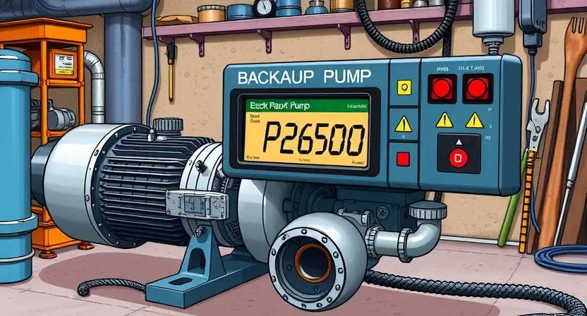 A detailed illustration of a backup pump with a P2600 error code displayed on a control panel. The pump should be depicted in a workshop setting, with tools and equipment around it. Focus on the error code and the pump's internal components.