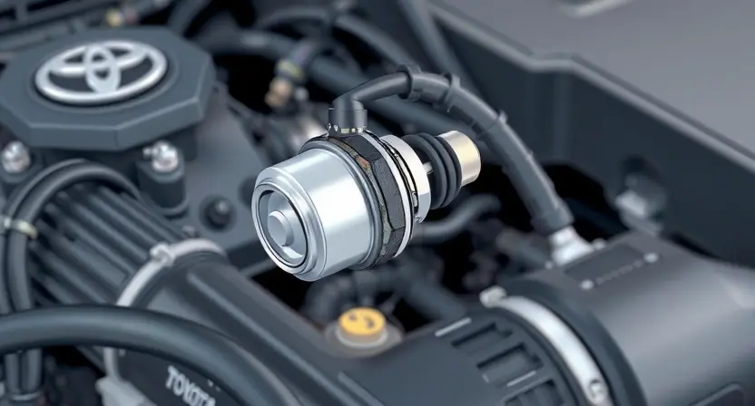 A close-up, detailed illustration of a Toyota car engine bay, focusing on the oxygen sensor and its wiring. The sensor should be clearly visible, with surrounding engine components blurred in the background to emphasize the sensor. The overall lighting should be bright and clean, highlighting the sensor's details.
