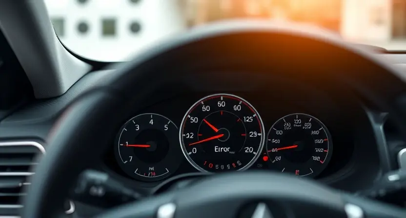 A close-up of a car's dashboard with a focused view on the instrument cluster. The instrument cluster should display a generic error message icon, symbolizing a communication error. The background should be slightly blurred to emphasize the dashboard. The car interior should be clean and modern, with visible steering wheel and seats, but not the main focus.