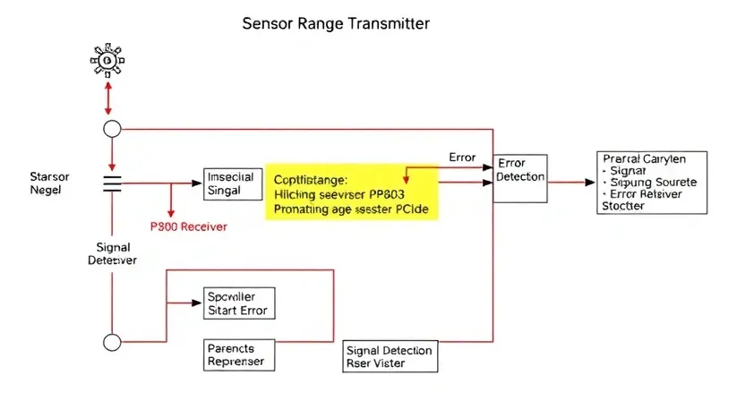 A schematic diagram of a sensor range transmitter system, highlighting the P2803 error and potential causes. Include visual representations of signal transmission, receiver, and error detection mechanisms. Focus on clarity and technical accuracy.