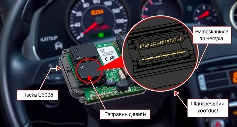 A detailed technical illustration of an automotive ECU (Electronic Control Unit) with visible internal circuitry, focusing on the power supply circuit. Show a magnified view of a damaged trace or blown fuse near the power input, with red highlighting indicating the fault location. Include labels in Russian: 'Ошибка U3006', 'Питание', 'Замыкание на землю', 'Поврежденный провод'. Background: a car dashboard with warning light 'Check Engine' illuminated. Style: realistic, high detail, technical dia