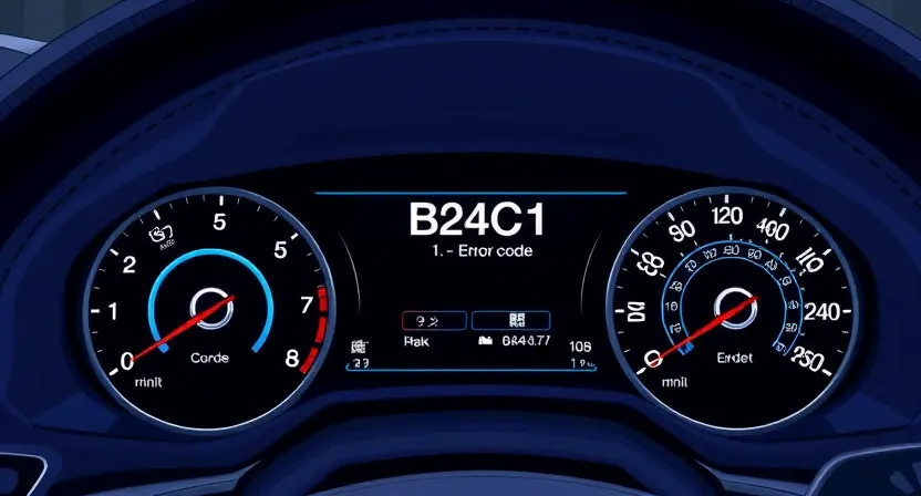 A detailed illustration of a car's dashboard with the adaptive lighting system's error code B24C1 displayed on a digital instrument cluster. The dashboard should be brightly lit, showcasing the error message clearly. Focus on the technological aspects of the dashboard and the error code display.