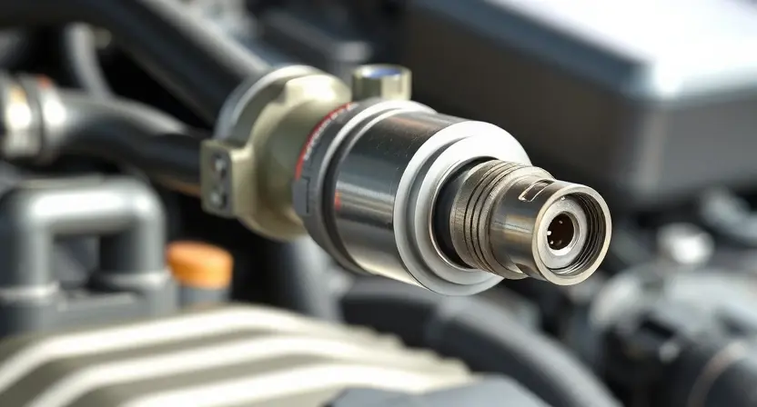 A close-up, detailed illustration of an automotive exhaust system component, specifically focusing on a lambda sensor (oxygen sensor). The sensor should be depicted with visible wiring and connections. The background should subtly suggest the engine compartment of a car, but the focus remains on the sensor itself. The lighting should be bright and highlight the details of the sensor's construction.