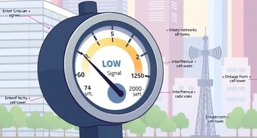 A detailed illustration depicting a cellular network signal strength meter showing a low signal level. The meter should display a weak signal indicator. Include visual elements representing potential causes of weak signal, such as obstacles (buildings, trees), interference (radio waves), and distance from the cell tower. The background should be a stylized representation of a modern urban environment.