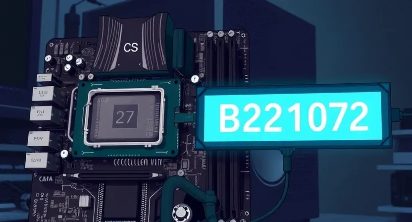 A detailed illustration of a computer motherboard with a highlighted error message 'B2102'. The motherboard should be visually complex, showcasing various components like CPU, RAM, and capacitors. The error message should be clearly displayed on a screen connected to the motherboard. The background should be a dark, slightly blurred computer room environment.