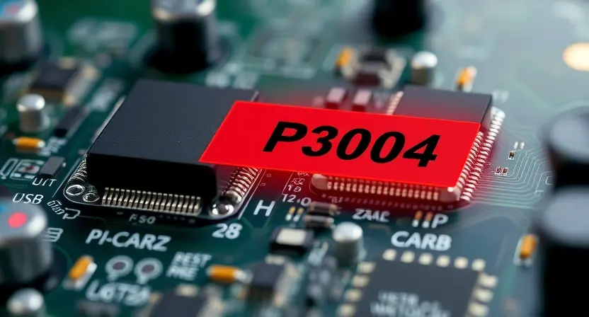 A close-up, detailed illustration of a computer motherboard with a highlighted error code P3004. Focus on the circuit board components, emphasizing the area where the error might be indicated. Include subtle visual cues suggesting a system malfunction, such as faint sparks or a slightly distorted background.