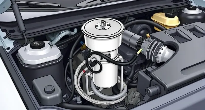 A detailed illustration of a car engine bay, focusing on the fuel pump and its associated wiring. The fuel pump should be clearly visible, with its connections highlighted. The engine should be in a neutral state, not running. The background should be a slightly blurred view of the car's interior.