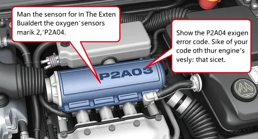 A detailed illustration of an automotive engine bay, focusing on the area around the oxygen sensor in Bank 2. The sensor should be clearly visible, along with wiring and hoses connected to it. Show a visual representation of the P2A04 error code and its potential impact on the engine's performance.