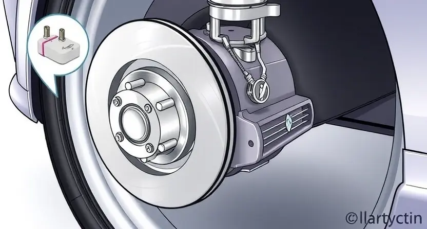 A detailed illustration of a car's front left wheel assembly, highlighting the wheel speed sensor. The sensor should be clearly visible, and the surrounding components (brake rotor, hub) should be realistically depicted. Focus on the sensor's position and connection to the wheel.