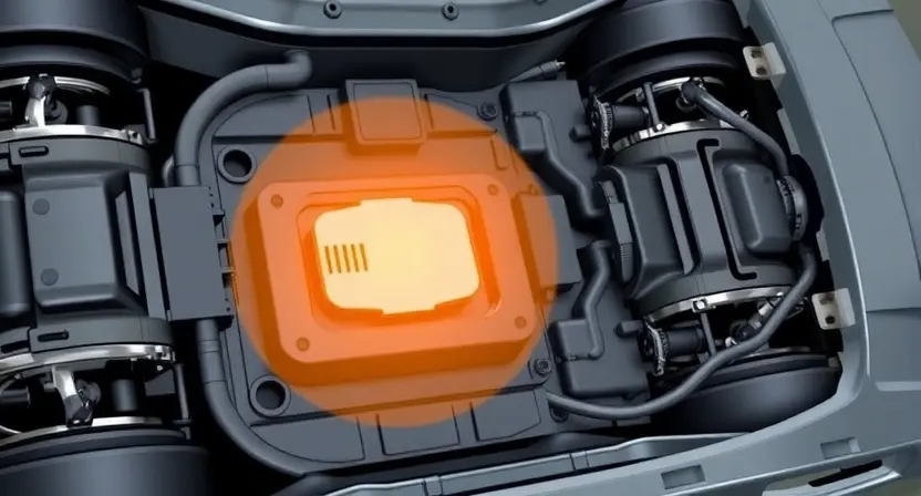 A detailed illustration of a car's chassis with a highlighted sensor. The sensor should be clearly visible, and the surrounding components of the chassis should be realistically depicted. Focus on the area where the body position sensor is typically located.