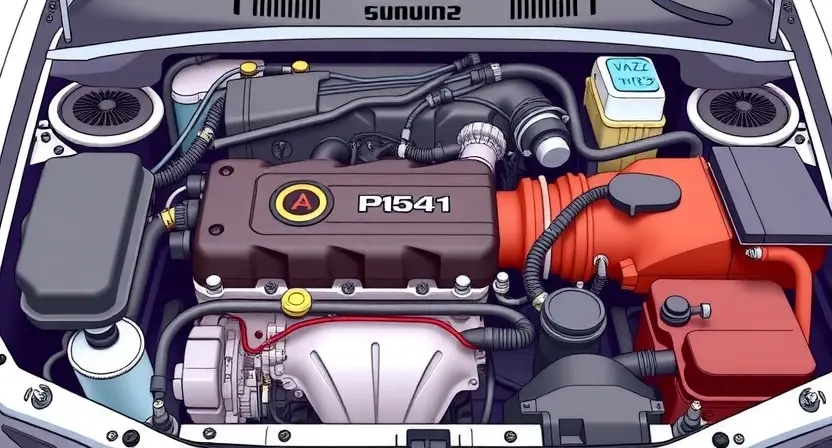 A detailed illustration of a VAZ/Lada car engine bay, showcasing the P1541 error code indicator light illuminated. Include various engine components like the engine block, wiring harness, and sensors. Focus on technical accuracy and clarity.