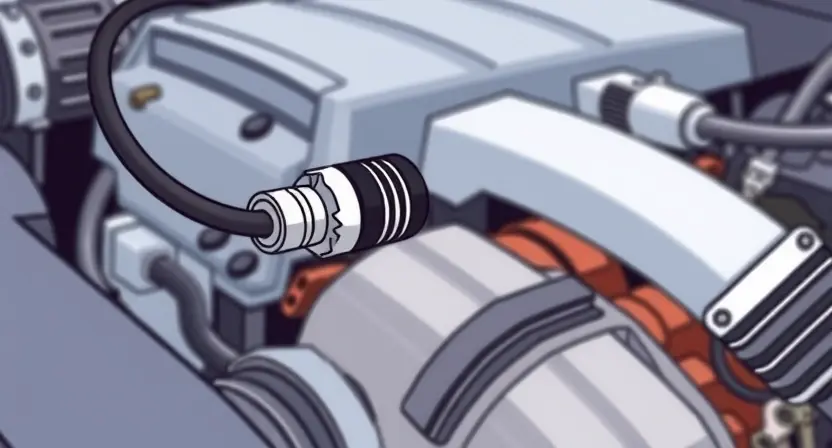 A close-up, detailed illustration of an engine bay with a highlighted temperature sensor. The sensor should be clearly visible, with wires connected to it. Focus on the sensor's physical appearance and its location within the engine compartment. The background should show other engine components, but blurred to keep the focus on the sensor.